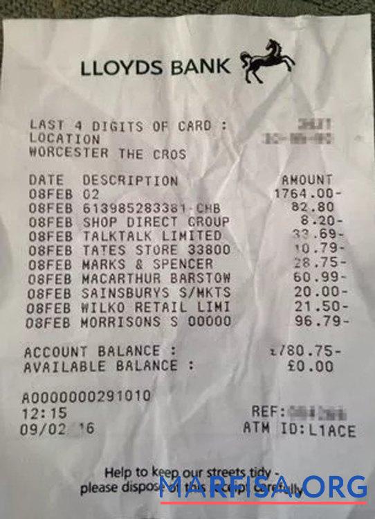 Blank United Kingdom Lloyds bank receipt real example